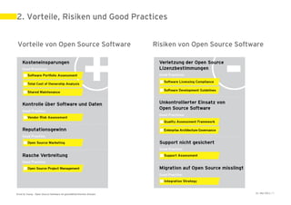 2. Vorteile, Risiken und Good Practices


Vorteile von Open Source Software                                     Risiken von Open Source Software




Ernst & Young – Open Source Software im geschäftskritischen Einsatz                                31. Mai 2011 | 7
 