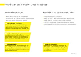Ausnützen der Vorteile: Good Practices


Kosteneinsparungen                                                    Kontrolle über Software und Daten
 • Keine Verpflichtung bei der Anbieterwahl                           • Source Code öffentlich einsehbar
 • Skalierbarkeit der Lizenzen in einer Cloud-Umgebung                • Keine Backdoors, keine Aktivierung, keine Registrierung
 • Migration wichtig realistisch zu rechnen                           • Daten jederzeit zugänglich Dank offenen Standards
                                                                      • Software-Anpassungen können direkt ausgeführt werden
                                                                      • Abhängigkeiten zu Software-Anbietern nicht auszuschliessen




Ernst & Young – Open Source Software im geschäftskritischen Einsatz                                                         31. Mai 2011 | 8
 