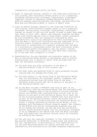 subsequently incorporated within the Work.
2. Grant of Copyright License. Subject to the terms and conditions of
this License, each Contributor hereby grants to You a perpetual,
worldwide, non-exclusive, no-charge, royalty-free, irrevocable
copyright license to reproduce, prepare Derivative Works of,
publicly display, publicly perform, sublicense, and distribute the
Work and such Derivative Works in Source or Object form.
3. Grant of Patent License. Subject to the terms and conditions of
this License, each Contributor hereby grants to You a perpetual,
worldwide, non-exclusive, no-charge, royalty-free, irrevocable
(except as stated in this section) patent license to make, have made,
use, offer to sell, sell, import, and otherwise transfer the Work,
where such license applies only to those patent claims licensable
by such Contributor that are necessarily infringed by their
Contribution(s) alone or by combination of their Contribution(s)
with the Work to which such Contribution(s) was submitted. If You
institute patent litigation against any entity (including a
cross-claim or counterclaim in a lawsuit) alleging that the Work
or a Contribution incorporated within the Work constitutes direct
or contributory patent infringement, then any patent licenses
granted to You under this License for that Work shall terminate
as of the date such litigation is filed.
4. Redistribution. You may reproduce and distribute copies of the
Work or Derivative Works thereof in any medium, with or without
modifications, and in Source or Object form, provided that You
meet the following conditions:
(a) You must give any other recipients of the Work or
Derivative Works a copy of this License; and
(b) You must cause any modified files to carry prominent notices
stating that You changed the files; and
(c) You must retain, in the Source form of any Derivative Works
that You distribute, all copyright, patent, trademark, and
attribution notices from the Source form of the Work,
excluding those notices that do not pertain to any part of
the Derivative Works; and
(d) If the Work includes a "NOTICE" text file as part of its
distribution, then any Derivative Works that You distribute must
include a readable copy of the attribution notices contained
within such NOTICE file, excluding those notices that do not
pertain to any part of the Derivative Works, in at least one
of the following places: within a NOTICE text file distributed
as part of the Derivative Works; within the Source form or
documentation, if provided along with the Derivative Works; or,
within a display generated by the Derivative Works, if and
wherever such third-party notices normally appear. The contents
of the NOTICE file are for informational purposes only and
do not modify the License. You may add Your own attribution
notices within Derivative Works that You distribute, alongside
or as an addendum to the NOTICE text from the Work, provided
that such additional attribution notices cannot be construed
as modifying the License.
You may add Your own copyright statement to Your modifications and
may provide additional or different license terms and conditions
for use, reproduction, or distribution of Your modifications, or
for any such Derivative Works as a whole, provided Your use,
reproduction, and distribution of the Work otherwise complies with
 