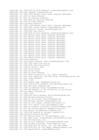 Copyright (C) 1999-2005 by Erik Andersen <andersen@codepoet.org>
Copyright 2005 Rob Landley <rob@landley.net
Copyright (C) 1996..2003 Markus Franz Xaver Johannes Oberhumer
Copyright (C) 2001 by Glenn McGrath
Copyright (C) 2001 by Laurence Anderson
Copyright (C) 2001,2002 by Laurence Anderson
Copyright (C) 2002 by Glenn McGrath
Copyright 2002 Laurence Anderson
Copyright (C) 1996..2008 Markus Franz Xaver Johannes Oberhumer
Copyright (C) 1996-2006 Julian Seward <jseward@bzip.org>
Copyright (C) 2006 Aurelien Jacobs <aurel@gnuage.org>
Copyright (C) 1999-2005 Igor Pavlov
Copyright (C) 1999-2004 by Erik Andersen <andersen@codepoet.org>
Copyright (C) 2008 Markus Franz Xaver Johannes Oberhumer
Copyright (C) 2007 Markus Franz Xaver Johannes Oberhumer
Copyright (C) 2006 Markus Franz Xaver Johannes Oberhumer
Copyright (C) 2005 Markus Franz Xaver Johannes Oberhumer
Copyright (C) 2004 Markus Franz Xaver Johannes Oberhumer
Copyright (C) 2003 Markus Franz Xaver Johannes Oberhumer
Copyright (C) 2002 Markus Franz Xaver Johannes Oberhumer
Copyright (C) 2001 Markus Franz Xaver Johannes Oberhumer
Copyright (C) 2000 Markus Franz Xaver Johannes Oberhumer
Copyright (C) 1999 Markus Franz Xaver Johannes Oberhumer
Copyright (C) 1998 Markus Franz Xaver Johannes Oberhumer
Copyright (C) 1997 Markus Franz Xaver Johannes Oberhumer
Copyright (C) 1996 Markus Franz Xaver Johannes Oberhumer
Copyright 2001 Glenn McGrath.
Copyright (C) 2010 Denys Vlasenko <vda.linux@googlemail.com>
Copyright (C) 1992-1993 Jean-loup Gailly.
Copyright (C) 1992-1993 Jean-loup Gailly
Copyright (c) 1999 by David I. Bell
Copyright (C) 1995 Bruce Perens
Copyright (C) 2004 by Ed Clark
Copyright (C) 2000 by Glenn McGrath
Copyright (C) 2010 Nokia Corporation. All rights reserved.
Copyright (C) 2002 Jeff Angielski, The PTR Group <jeff@theptrgroup.com>
Copyright (C) 2002 Glenn McGrath
Copyright (c) 1990, 1993
Copyright (C) 2001 Magnus Damm <damm@opensource.se>
Copyright (C) 2000 Jean-Pierre Lefebvre <helix@step.polymtl.ca>
Copyright (C) 1999 Uwe Ohse <uwe@ohse.de>
Copyright (C) 1999 by Randolph Chung <tausq@debian.org>
Copyright (c) 1989 The Regents of the University of California.
Copyright 1993 MicroWalt Corporation
Copyright (c) 1992, 1993
Copyright (C) 2004,2005 Enrik Berkhan <Enrik.Berkhan@inka.de>
Copyright (C) 2008 Bernhard Reutner-Fischer
Copyright (C) 2006 by Jan Kiszka <jan.kiszka@web.de>
Copyright (C) 1998 Enrique Zanardi <ezanardi@ull.es>
Copyright (C) 2003 by Tito Ragusa <farmatito@tiscali.it>
Copyright (C) 2007 Loic Grenie <loic.grenie@gmail.com>
Copyright (C) 2008 by Vladimir Dronnikov <dronnikov@gmail.com>
Copyright (C) 2010 by Grigory Batalov <bga@altlinux.org>
Copyright (C) Arne Bernin <arne@matrix.loopback.org>
Copyright (C) 1994-1998 Andries E. Brouwer <aeb@cwi.nl>
Copyright 2006 Bernhard Reutner-Fischer
Copyright (C) 2003 Manuel Novoa III <mjn3@codepoet.org>
Copyright (C) 2001 Matt Kraai <kraai@alumni.carnegiemellon.edu>
Copyright (c) 2002 AYR Networks, Inc.
Copyright (C) 2005 by Erik Andersen <andersen@codepoet.org>
Copyright (C) 2005 by Mike Frysinger <vapier@gentoo.org>
Copyright (C) 1999,2000,2001 by Lineo, inc. and John Beppu
Copyright (C) 1999,2000,2001 by John Beppu <beppu@codepoet.org>
Copyright (C) 2002 Edward Betts <edward@debian.org>
 