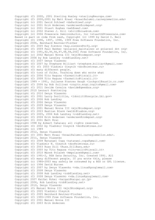 Copyright (C) 2000, 2001 Sterling Huxley <sterling@europa.com>
Copyright (C) 2000,2001 by Matt Kraai <kraai@alumni.carnegiemellon.edu>
Copyright (c) 2001 David Schleef <ds@schleef.org>
Copyright (c) 2001 Erik Andersen <andersen@codepoet.org>
Copyright (c) 2001 Stuart Hughes <seh@zee2.com>
Copyright (c) 2002 Steven J. Hill <shill@broadcom.com>
Copyright (c) 2006 Freescale Semiconductor, Inc <stuarth@freescale.com>
Based in part on code from sash, Copyright (c) 1999 by David I. Bell
Copyright (C) 1996, 1997, 1998, 1999 Free Software Foundation, Inc.
Copyright 2006, Bernhard Reutner-Fischer
Copyright (C) 2005 Kay Sievers <kay.sievers@vrfy.org>
Copyright (C) 2009 Paul Bakker <polarssl_maintainer at polarssl dot org>
Copyright (C) 1991,92,95,96,97,98,99,2001 Free Software Foundation, Inc.
Copyright (c) 2002 Manuel Novoa III <mjn3@codepoet.org>
Copyright 2006 by Rob Landley <rob@landley.net>
Copyright (C) 2007 Denys Vlasenko
Copyright (C) 2007 by Stephane Billiart <stephane.billiart@gmail.com>
Copyright (C) (C) 2003 Vladimir Oleynik <dzo@simtreas.ru>
Copyright (C) many different people.
Copyright (C) tons of folks. Tracking down who wrote what
Copyright (C) 2006 Tito Ragusa <farmatito@tiscali.it>
Copyright (C) 2008 Tito Ragusa <farmatito@tiscali.it>
Copyright 1989 - 1991, Julianne Frances Haugh <jockgrrl@austin.rr.com>
Copyright (C) 2006 by Rob Sullivan <cogito.ergo.cogito@gmail.com>
Copyright (C) 2011 Davide Cavalca <davide@geexbox.org>
Copyright 2010 Lennart Poettering
Copyright (C) 2010 Denys Vlasenko
Copyright (C) 2001 Larry Doolittle, <ldoolitt@recycle.lbl.gov>
Copyright (C) 2006 Rob Landley
Copyright (C) 2006 Denys Vlasenko
Copyright (C) 2009 Denys Vlasenko
Copyright (C) 2001 Manuel Novoa III <mjn3@codepoet.org>
Copyright (C) 2003 Bastian Blank <waldi@tuxbox.org>
Copyright (C) 2005, 2006 Rob Landley <rob@landley.net>
Copyright (C) 2004 Erik Andersen <andersen@codepoet.org>
Copyright (C) 2001 Matt Krai
Copyright 1998 by Albert Cahalan; all rights reserved.
Copyright (C) 2002 by Vladimir Oleynik <dzo@simtreas.ru>
Copyright (c) 1989
Copyright 2012, Denys Vlasenko
Copyright (C) 2001 Matt Kraai <kraai@alumni.carnegiemellon.edu>.
Copyright 2011, Denys Vlasenko
Copyright (C) 2008 Natanael Copa <natanael.copa@gmail.com>
Copyright (C) Vladimir N. Oleynik <dzo@simtreas.ru>
Copyright (C) 2003 Russ Dill <Russ.Dill@asu.edu>
Copyright (C) 2005 by Tito Ragusa <tito-wolit@tiscali.it>
Copyright (C) 2010 Marek Polacek <mmpolacek@gmail.com>
Copyright (C) 1991-2, RSA Data Security, Inc. Created 1991. All
Copyright (C) many different people. If you wrote this, please
Copyright (c) 1986-2003 may safely be consumed by a BSD or GPL license.
Copyright (c) 1994 David Burren
Copyright (C) 2007 by Denys Vlasenko <vda.linux@googlemail.com>
Copyright (C) 2008 Denys Vlasenko
Copyright (C) 2008 Rob Landley <rob@landley.net>
Copyright (C) 2008 Denys Vlasenko <vda.linux@googlemail.com>
Copyright 2007 KaiGai Kohei <kaigai@kaigai.gr.jp>
Copyright 2006, Rob Landley <rob@landley.net>
Copyright 2010, Denys Vlasenko
Copyright (C) Manuel Novoa III <mjn3@codepoet.org>
Copyright (C) 2005 Vladimir Oleynik
Copyright (C) 2005 Bernhard Reutner-Fischer
Copyright (C) 1995-1999 Free Software Foundation, Inc.
Copyright (C) 2001 Manuel Novoa III
Copyright (C) 2003 Erik Andersen
 
