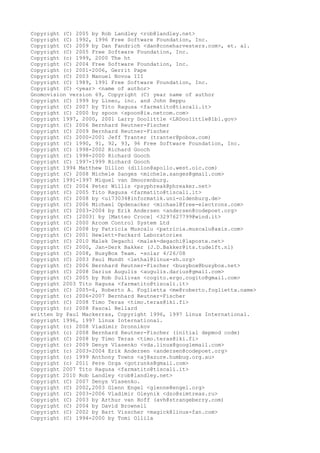 Copyright (C) 2005 by Rob Landley <rob@landley.net>
Copyright (C) 1992, 1996 Free Software Foundation, Inc.
Copyright (C) 2009 by Dan Fandrich <dan@coneharvesters.com>, et. al.
Copyright (C) 2005 Free Software Foundation, Inc.
Copyright (c) 1999, 2000 The ht
Copyright (C) 2004 Free Software Foundation, Inc.
Copyright (c) 2001-2006, Gerrit Pape
Copyright (C) 2003 Manuel Novoa III
Copyright (C) 1989, 1991 Free Software Foundation, Inc.
Copyright (C) <year> <name of author>
Gnomovision version 69, Copyright (C) year name of author
Copyright (C) 1999 by Lineo, inc. and John Beppu
Copyright (C) 2007 by Tito Ragusa <farmatito@tiscali.it>
Copyright (C) 2000 by spoon <spoon@ix.netcom.com>
Copyright 1997, 2000, 2001 Larry Doolittle <LRDoolittle@lbl.gov>
Copyright (C) 2006 Bernhard Reutner-Fischer
Copyright (C) 2009 Bernhard Reutner-Fischer
Copyright (C) 2000-2001 Jeff Tranter (tranter@pobox.com)
Copyright (C) 1990, 91, 92, 93, 96 Free Software Foundation, Inc.
Copyright (C) 1998-2002 Richard Gooch
Copyright (C) 1998-2000 Richard Gooch
Copyright (C) 1997-1999 Richard Gooch
Copyright 1994 Matthew Dillon (dillon@apollo.west.oic.com)
Copyright (C) 2008 Michele Sanges <michele.sanges@gmail.com>
Copyright 1991-1997 Miquel van Smoorenburg.
Copyright (C) 2004 Peter Willis <psyphreak@phreaker.net>
Copyright (C) 2005 Tito Ragusa <farmatito@tiscali.it>
Copyright (C) 2008 by <u173034@informatik.uni-oldenburg.de>
Copyright (C) 2006 Michael Opdenacker <michael@free-electrons.com>
Copyright (C) 2003-2004 by Erik Andersen <andersen@codepoet.org>
Copyright (C) [2003] by [Matteo Croce] <3297627799@wind.it>
Copyright (C) 2000 Arcom Control System Ltd
Copyright (C) 2008 by Patricia Muscalu <patricia.muscalu@axis.com>
Copyright (C) 2001 Hewlett-Packard Laboratories
Copyright (C) 2010 Malek Degachi <malek-degachi@laposte.net>
Copyright (C) 2000, Jan-Derk Bakker (J.D.Bakker@its.tudelft.nl)
Copyright (C) 2008, BusyBox Team. -solar 4/26/08
Copyright (C) 2003 Paul Mundt <lethal@linux-sh.org>
Copyright (C) 2006 Bernhard Reutner-Fischer <busybox@busybox.net>
Copyright (C) 2008 Darius Augulis <augulis.darius@gmail.com>
Copyright (C) 2005 by Rob Sullivan <cogito.ergo.cogito@gmail.com>
Copyright 2003 Tito Ragusa <farmatito@tiscali.it>
Copyright (C) 2005-6, Roberto A. Foglietta <me@roberto.foglietta.name>
Copyright (c) 2006-2007 Bernhard Reutner-Fischer
Copyright (C) 2008 Timo Teras <timo.teras@iki.fi>
Copyright (c) 2008 Pascal Bellard
written by Paul Mackerras, Copyright 1996, 1997 Linux International.
Copyright 1996, 1997 Linux International.
Copyright (c) 2008 Vladimir Dronnikov
Copyright (c) 2008 Bernhard Reutner-Fischer (initial depmod code)
Copyright (C) 2008 by Timo Teras <timo.teras@iki.fi>
Copyright (c) 2009 Denys Vlasenko <vda.linux@googlemail.com>
Copyright (c) 2003-2004 Erik Andersen <andersen@codepoet.org>
Copyright (c) 1999 Anthony Towns <aj@azure.humbug.org.au>
Copyright (c) 2011 Pere Orga <gotrunks@gmail.com>
Copyright 2007 Tito Ragusa <farmatito@tiscali.it>
Copyright 2010 Rob Landley <rob@landley.net>
Copyright (C) 2007 Denys Vlasenko.
Copyright (C) 2002,2003 Glenn Engel <glenne@engel.org>
Copyright (C) 2003-2006 Vladimir Oleynik <dzo@simtreas.ru>
Copyright (C) 2003 by Arthur van Hoff (avh@strangeberry.com)
Copyright (C) 2004 by David Brownell
Copyright (C) 2002 by Bart Visscher <magick@linux-fan.com>
Copyright (C) 1994-2000 by Tomi Ollila
 
