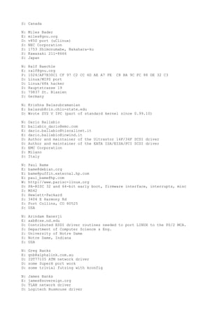 S: Canada
N: Miles Bader
E: miles@gnu.org
D: v850 port (uClinux)
S: NEC Corporation
S: 1753 Shimonumabe, Nakahara-ku
S: Kawasaki 211-8666
S: Japan
N: Ralf Baechle
E: ralf@gnu.org
P: 1024/AF7B30C1 CF 97 C2 CC 6D AE A7 FE C8 BA 9C FC 88 DE 32 C3
D: Linux/MIPS port
D: Linux/68k hacker
S: Hauptstrasse 19
S: 79837 St. Blasien
S: Germany
N: Krishna Balasubramanian
E: balasub@cis.ohio-state.edu
D: Wrote SYS V IPC (part of standard kernel since 0.99.10)
N: Dario Ballabio
E: ballabio_dario@emc.com
E: dario.ballabio@tiscalinet.it
E: dario.ballabio@inwind.it
D: Author and maintainer of the Ultrastor 14F/34F SCSI driver
D: Author and maintainer of the EATA ISA/EISA/PCI SCSI driver
S: EMC Corporation
S: Milano
S: Italy
N: Paul Bame
E: bame@debian.org
E: bame@puffin.external.hp.com
E: paul_bame@hp.com
W: http://www.parisc-linux.org
D: PA-RISC 32 and 64-bit early boot, firmware interface, interrupts, misc
S: MS42
S: Hewlett-Packard
S: 3404 E Harmony Rd
S: Fort Collins, CO 80525
S: USA
N: Arindam Banerji
E: axb@cse.nd.edu
D: Contributed ESDI driver routines needed to port LINUX to the PS/2 MCA.
S: Department of Computer Science & Eng.
S: University of Notre Dame
S: Notre Dame, Indiana
S: USA
N: Greg Banks
E: gnb@alphalink.com.au
D: IDT77105 ATM network driver
D: some SuperH port work
D: some trivial futzing with kconfig
N: James Banks
E: james@sovereign.org
D: TLAN network driver
D: Logitech Busmouse driver
 
