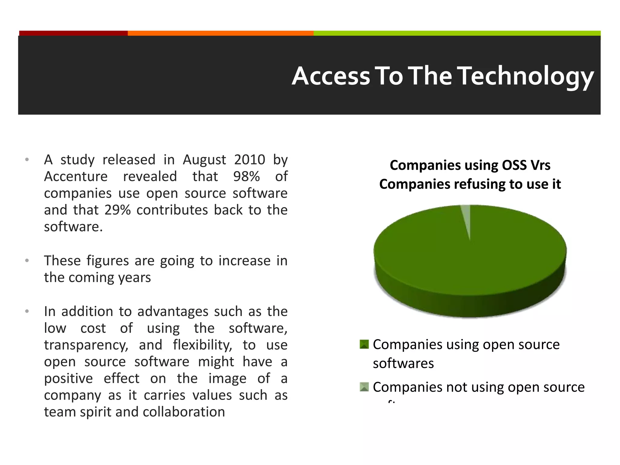Access To The Technology
•

A study released in August 2010 by
Accenture revealed that 98% of
companies use open source software
and that 29% contributes back to the
software.

•

These figures are going to increase in
the coming years

•

In addition to advantages such as the
low cost of using the software,
transparency, and flexibility, to use
open source software might have a
positive effect on the image of a
company as it carries values such as
team spirit and collaboration

Companies using OSS Vrs
Companies refusing to use it

Companies using open source
softwares
Companies not using open source
softwares

 