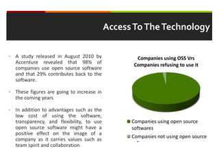 Access To The Technology
•

A study released in August 2010 by
Accenture revealed that 98% of
companies use open source software
and that 29% contributes back to the
software.

•

These figures are going to increase in
the coming years

•

In addition to advantages such as the
low cost of using the software,
transparency, and flexibility, to use
open source software might have a
positive effect on the image of a
company as it carries values such as
team spirit and collaboration

Companies using OSS Vrs
Companies refusing to use it

Companies using open source
softwares
Companies not using open source
softwares

 