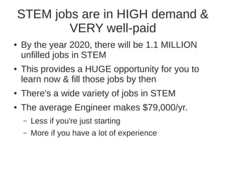 STEM jobs are in HIGH demand & 
VERY well-paid 
● By the year 2020, there will be 1.1 MILLION 
unfilled jobs in STEM 
● This provides a HUGE opportunity for you to 
learn now & fill those jobs by then 
● There's a wide variety of jobs in STEM 
● The average Engineer makes $79,000/yr. 
– Less if you're just starting 
– More if you have a lot of experience 
 