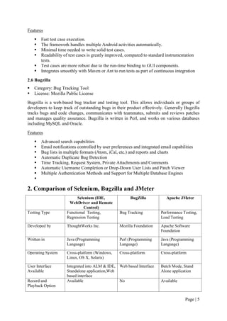 Page | 5
Features
 Fast test case execution.
 The framework handles multiple Android activities automatically.
 Minimal time needed to write solid test cases.
 Readability of test cases is greatly improved, compared to standard instrumentation
tests.
 Test cases are more robust due to the run-time binding to GUI components.
 Integrates smoothly with Maven or Ant to run tests as part of continuous integration
2.6 Bugzilla
 Category: Bug Tracking Tool
 License: Mozilla Public License
Bugzilla is a web-based bug tracker and testing tool. This allows individuals or groups of
developers to keep track of outstanding bugs in their product effectively. Generally Bugzilla
tracks bugs and code changes, communicates with teammates, submits and reviews patches
and manages quality assurance. Bugzilla is written in Perl, and works on various databases
including MySQL and Oracle.
Features
 Advanced search capabilities
 Email notifications controlled by user preferences and integrated email capabilities
 Bug lists in multiple formats (Atom, iCal, etc.) and reports and charts
 Automatic Duplicate Bug Detection
 Time Tracking, Request System, Private Attachments and Comments
 Automatic Username Completion or Drop-Down User Lists and Patch Viewer
 Multiple Authentication Methods and Support for Multiple Database Engines

2. Comparison of Selenium, Bugzilla and JMeter
Selenium (IDE,
WebDriver and Remote
Control)
BugZilla Apache JMeter
Testing Type Functional Testing,
Regression Testing
Bug Tracking Performance Testing,
Load Testing
Developed by ThoughtWorks Inc. Mozilla Foundation Apache Software
Foundation
Written in Java (Programming
Language)
Perl (Programming
Language)
Java (Programming
Language)
Operating System Cross-platform (Windows,
Linux, OS X, Solaris)
Cross-platform Cross-platform
User Interface
Available
Integrated into ALM & IDE,
Standalone application,Web
based interface
Web based Interface Batch Mode, Stand
Alone application
Record and
Playback Option
Available No Available
 