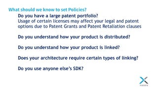 What should we know to set Policies?
Do you have a large patent portfolio?
Usage of certain licenses may affect your legal...