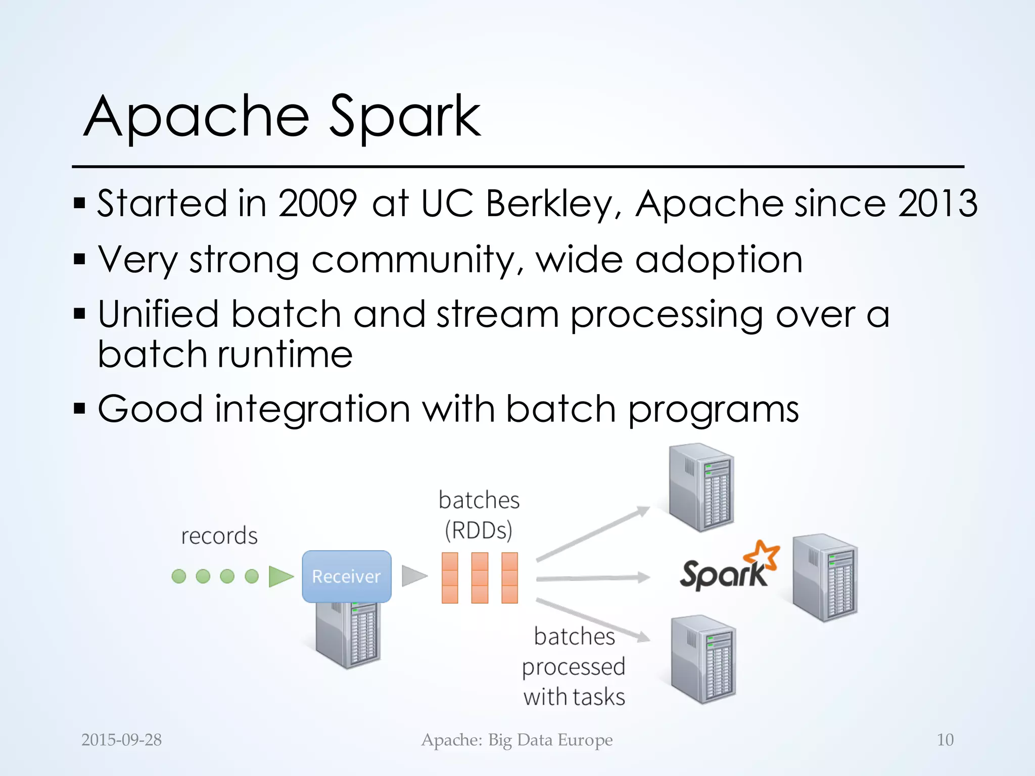 Apache Spark
§ Started in 2009 at UC Berkley, Apache since 2013
§ Very strong community, wide adoption
§ Unified batch and stream processing over a
batch runtime
§ Good integration with batch programs
102015-­‐‑09-­‐‑28 Apache:  Big  Data  Europe
 