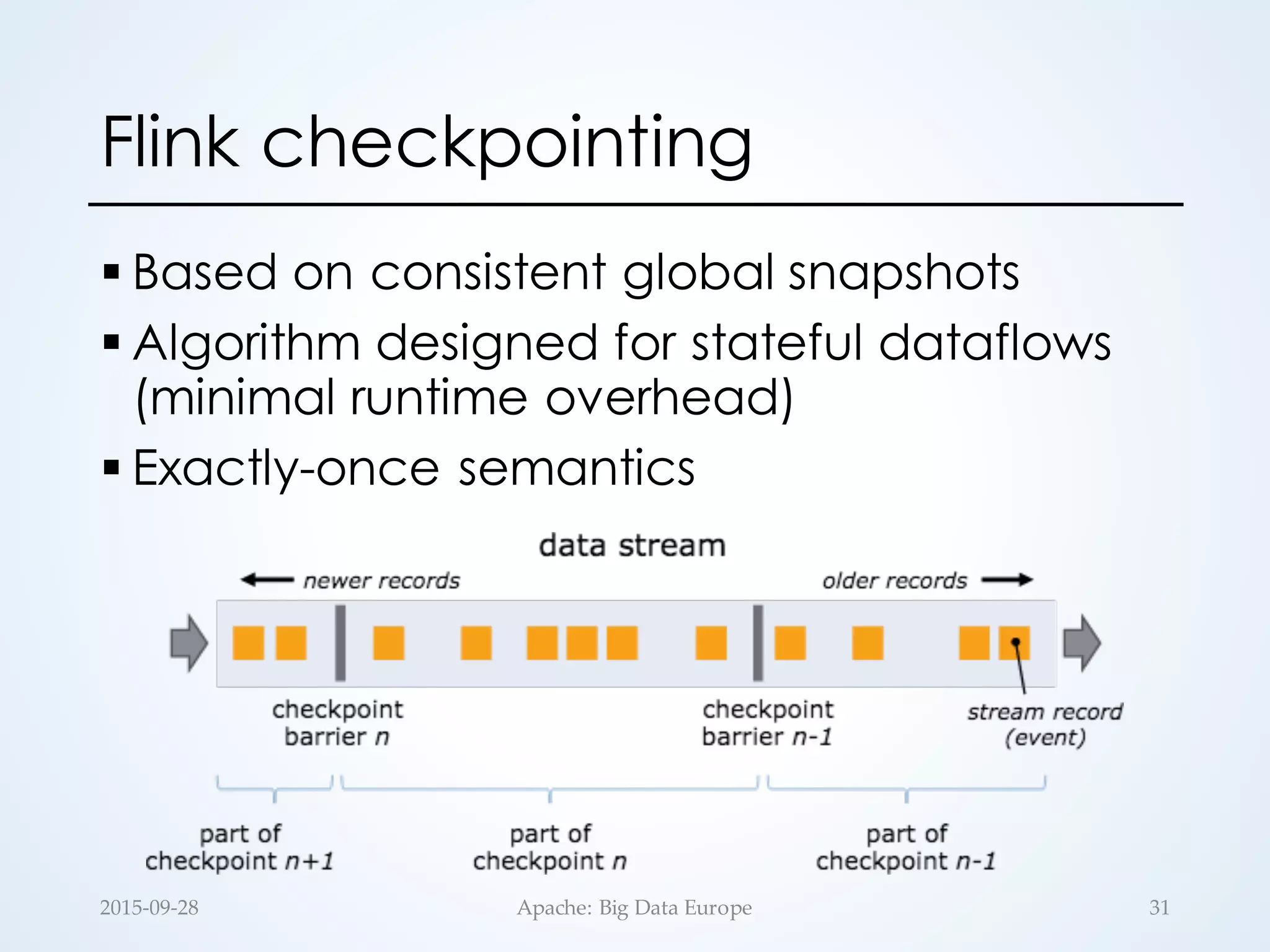 Flink checkpointing
§ Based on consistent global snapshots
§ Algorithm designed for stateful dataflows
(minimal runtime overhead)
§ Exactly-once semantics
31Apache:  Big  Data  Europe2015-­‐‑09-­‐‑28
 