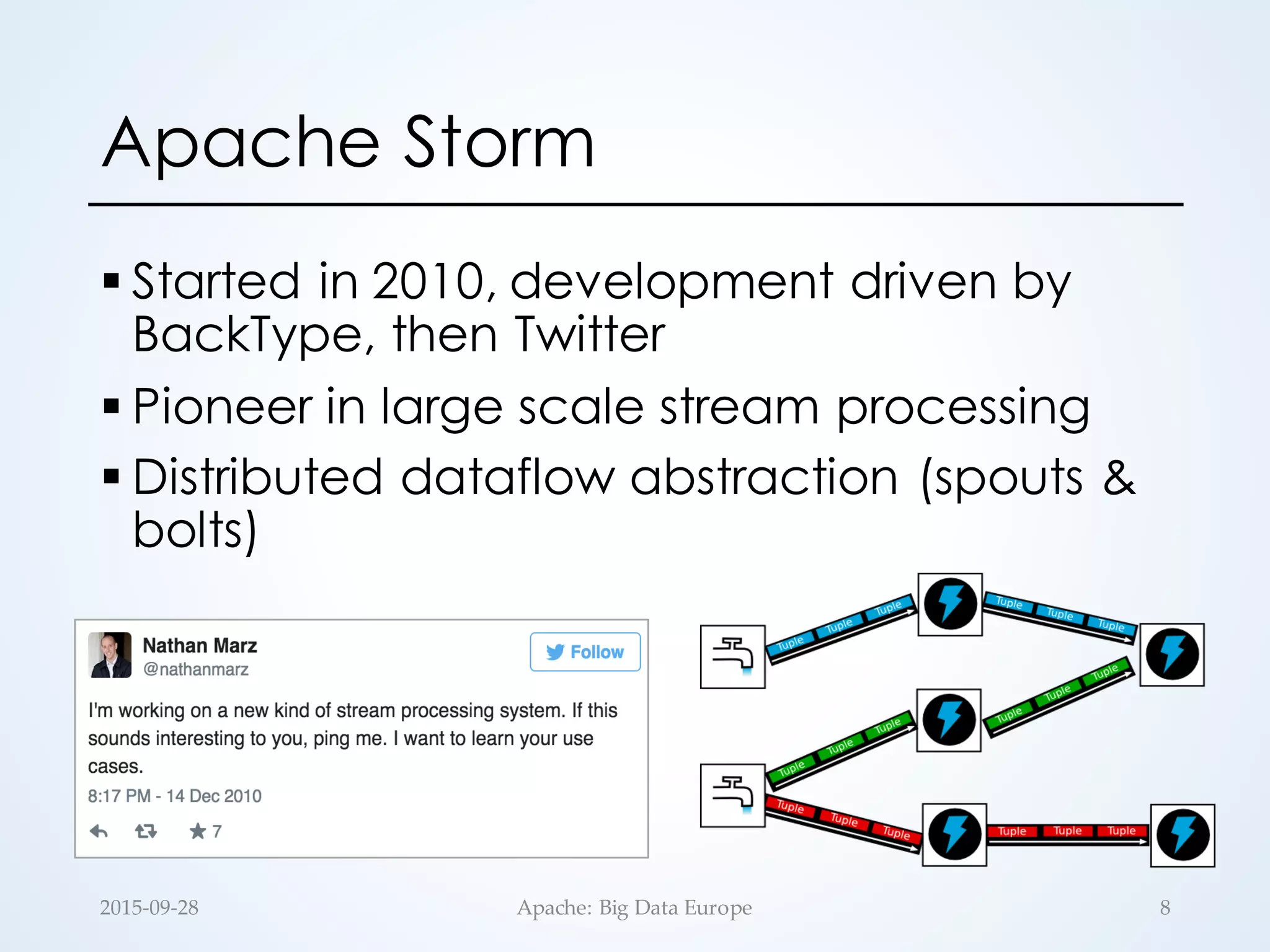 Apache Storm
§ Started in 2010, development driven by
BackType, then Twitter
§ Pioneer in large scale stream processing
§ Distributed dataflow abstraction (spouts &
bolts)
82015-­‐‑09-­‐‑28 Apache:  Big  Data  Europe
 