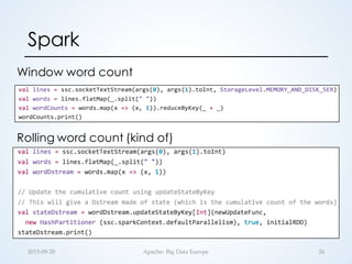 Spark
Window word count
Rolling word count (kind of)
262015-­‐‑09-­‐‑28 Apache:  Big  Data  Europe
 