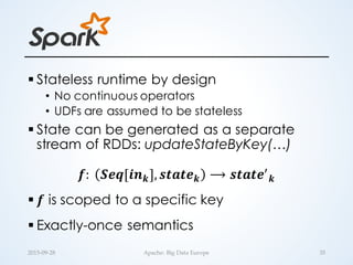 § Stateless runtime by design
• No continuous operators
• UDFs are assumed to be stateless
§ State can be generated as a separate
stream of RDDs: updateStateByKey(…)
𝒇:	
   𝑺𝒆𝒒[𝒊𝒏 𝒌], 𝒔𝒕𝒂𝒕𝒆 𝒌 ⟶ 𝒔𝒕𝒂𝒕𝒆.
𝒌
§ 𝒇 is scoped to a specific key
§ Exactly-once semantics
35Apache:  Big  Data  Europe2015-­‐‑09-­‐‑28
 