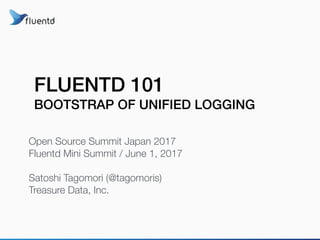 FLUENTD 101
BOOTSTRAP OF UNIFIED LOGGING
Open Source Summit Japan 2017
Fluentd Mini Summit / June 1, 2017
Satoshi Tagomori (@tagomoris)
Treasure Data, Inc.
 