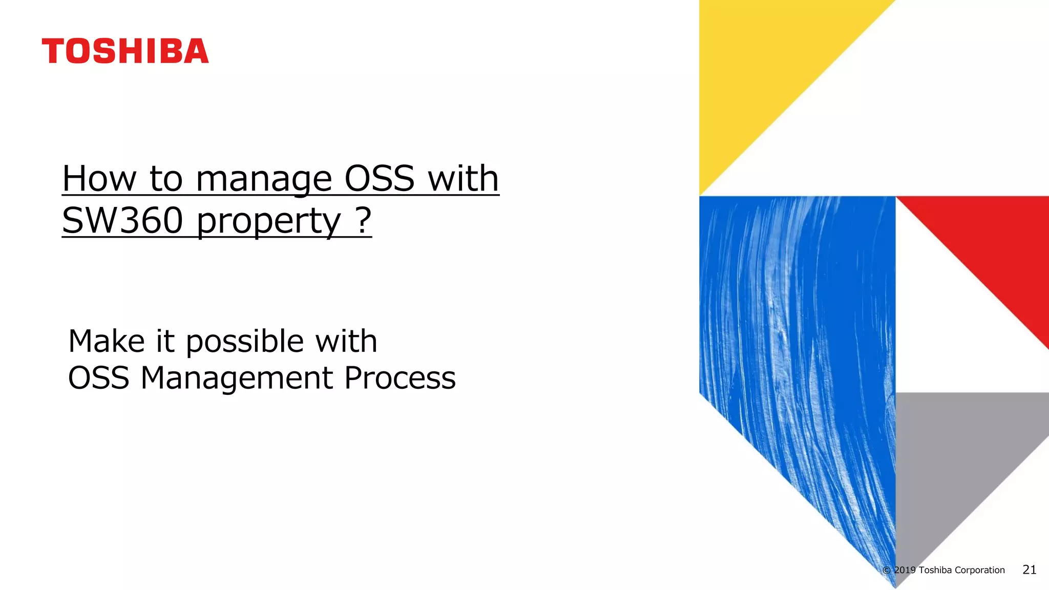 21© 2019 Toshiba Corporation
How to manage OSS with
SW360 property ?
Make it possible with
OSS Management Process
 