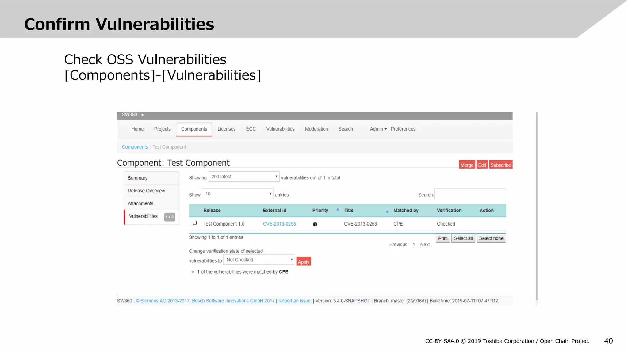 40CC-BY-SA4.0 © 2019 Toshiba Corporation / Open Chain Project
Confirm Vulnerabilities
Check OSS Vulnerabilities
[Components]-[Vulnerabilities]
 