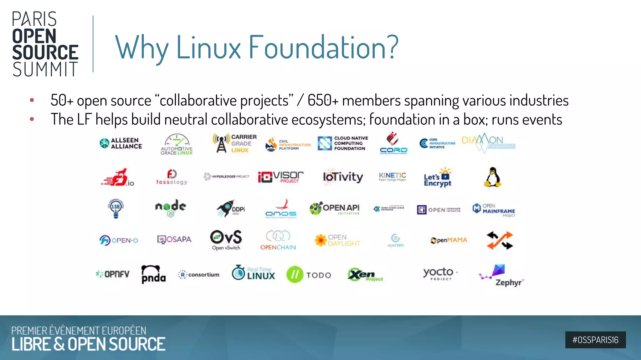 #OSSPARIS16
• 50+ open source “collaborative projects” / 650+ members spanning various industries
• The LF helps build neutral collaborative ecosystems; foundation in a box; runs events
Why Linux Foundation?
 