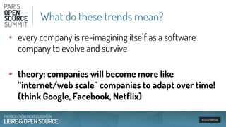 #OSSPARIS16
• every company is re-imagining itself as a software
company to evolve and survive
• theory: companies will become more like
“internet/web scale” companies to adapt over time!
(think Google, Facebook, Netflix)
What do these trends mean?
 