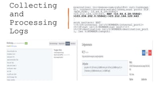 Collecting
and
Processing
Logs
prerouting: in:<pppoe-ram-ruhul@v> out:(unknown
0), connection-state:established,snat proto TCP
(ACK,FIN), 10.64.4.28:55842-
>23.212.164.120:443, NAT (10.64.4.28:55842-
>103.234.202.0:55842)->23.212.164.120:443
grok_pattern: NAT
(%{IP:internal_ip}:%{NUMBER:internal_port}-
>%{IP:nat_ip}:%{NUMBER:nat_port})-
>%{IP:destination_ip}:%{NUMBER:destination_port
}, len %{NUMBER:length}
 