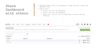 Share
Dashboard
with others
• Add Users/Teams: Enter the usernames or teams you want to share the
dashboard with.
• Assign Roles:
• Viewer: Can view the dashboard.
• Editor: Can edit the dashboard.
• Owner: Full control over the dashboard, including sharing
settings.
 