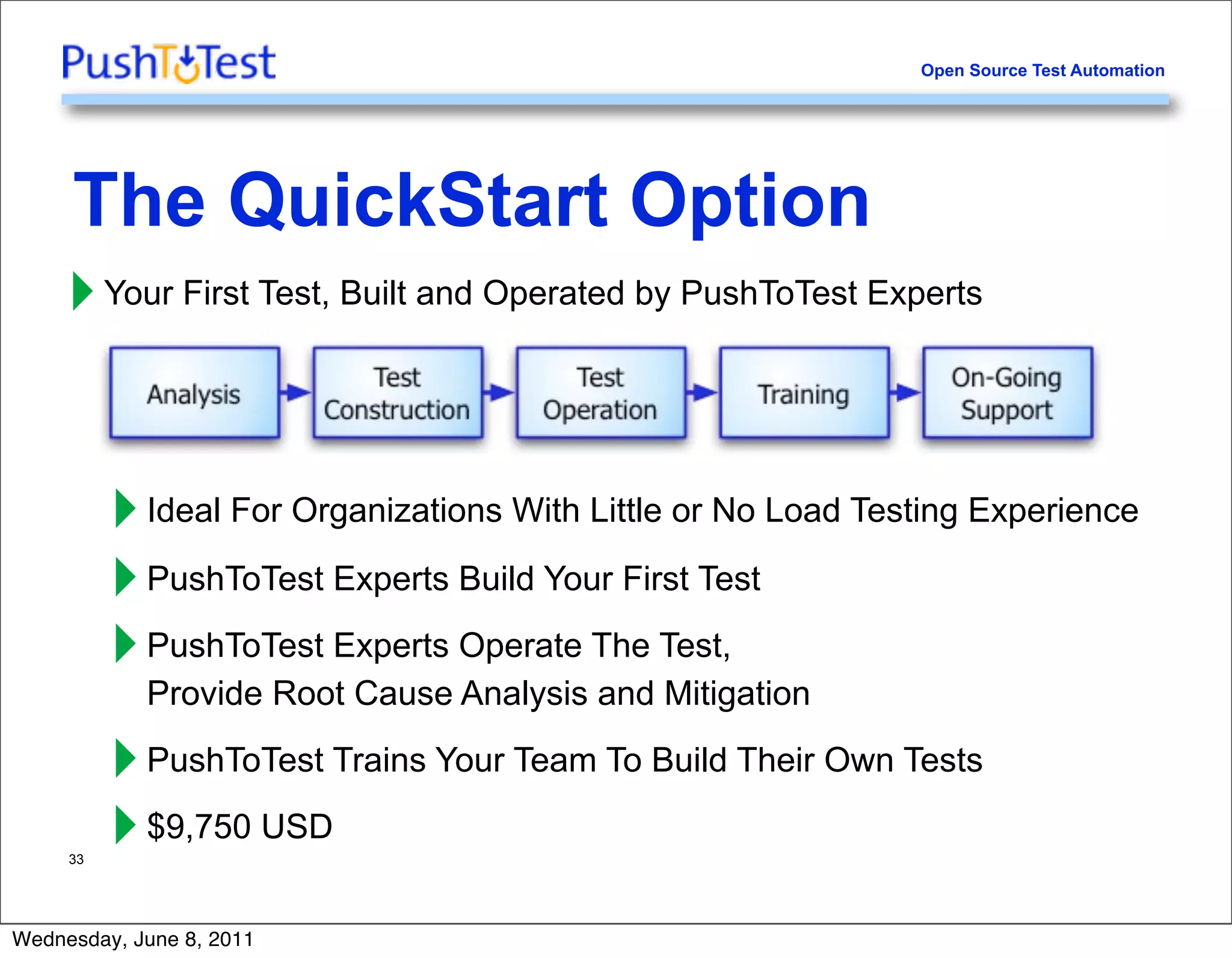 Open Source Test Automation




     The QuickStart Option
     ‣ Your First Test, Built and Operated by PushToTest Experts

          ‣ Ideal For Organizations With Little or No Load Testing Experience
          ‣ PushToTest Experts Build Your First Test
          ‣ PushToTest Experts Operate The Test,
            Provide Root Cause Analysis and Mitigation

          ‣ PushToTest Trains Your Team To Build Their Own Tests
     33
          ‣ $9,750 USD
Wednesday, June 8, 2011
 