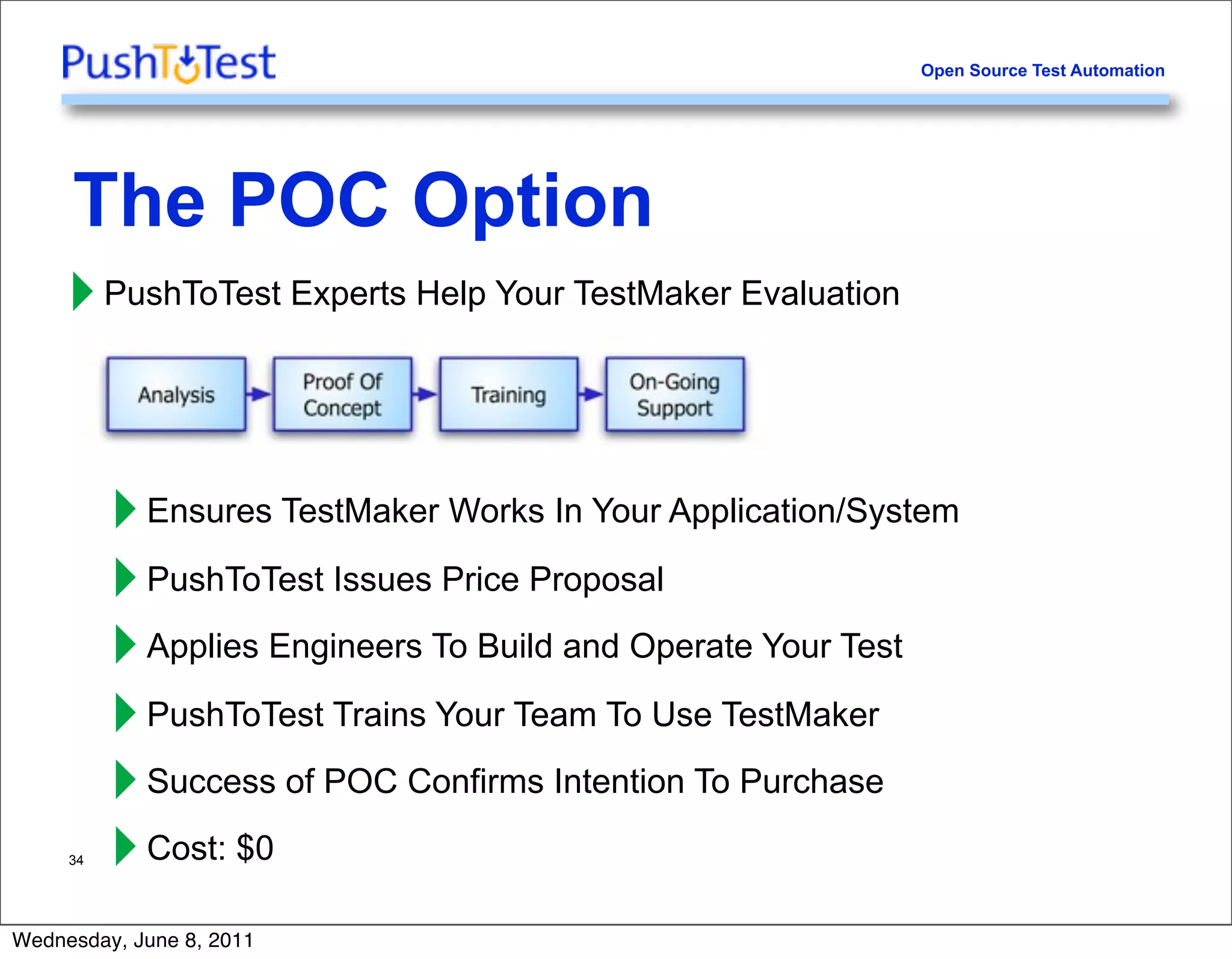 Open Source Test Automation




     The POC Option
     ‣ PushToTest Experts Help Your TestMaker Evaluation

          ‣ Ensures TestMaker Works In Your Application/System
          ‣ PushToTest Issues Price Proposal
          ‣ Applies Engineers To Build and Operate Your Test
          ‣ PushToTest Trains Your Team To Use TestMaker
          ‣ Success of POC Confirms Intention To Purchase
     34   ‣ Cost: $0
Wednesday, June 8, 2011
 
