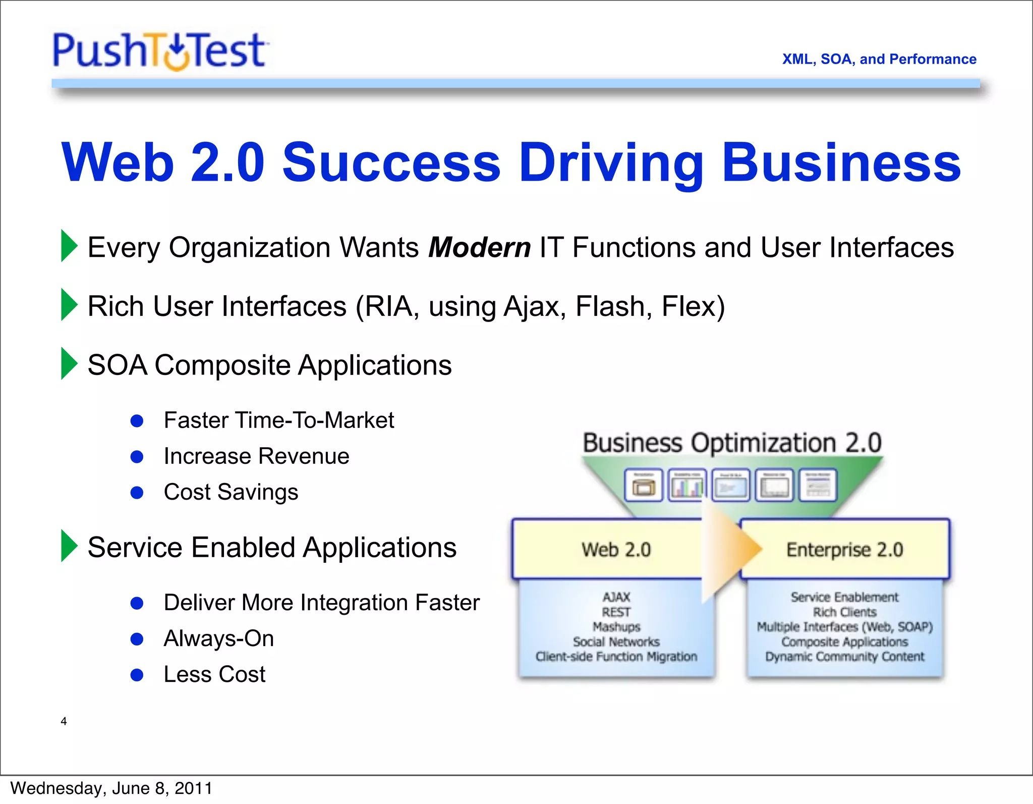 XML, SOA, and Performance




     Web 2.0 Success Driving Business
     ‣ Every Organization Wants Modern IT Functions and User Interfaces
     ‣ Rich User Interfaces (RIA, using Ajax, Flash, Flex)
     ‣ SOA Composite Applications
             •   Faster Time-To-Market

             •   Increase Revenue

             •   Cost Savings

     ‣ Service Enabled Applications
             •   Deliver More Integration Faster

             •   Always-On

             •   Less Cost
     4




Wednesday, June 8, 2011
 