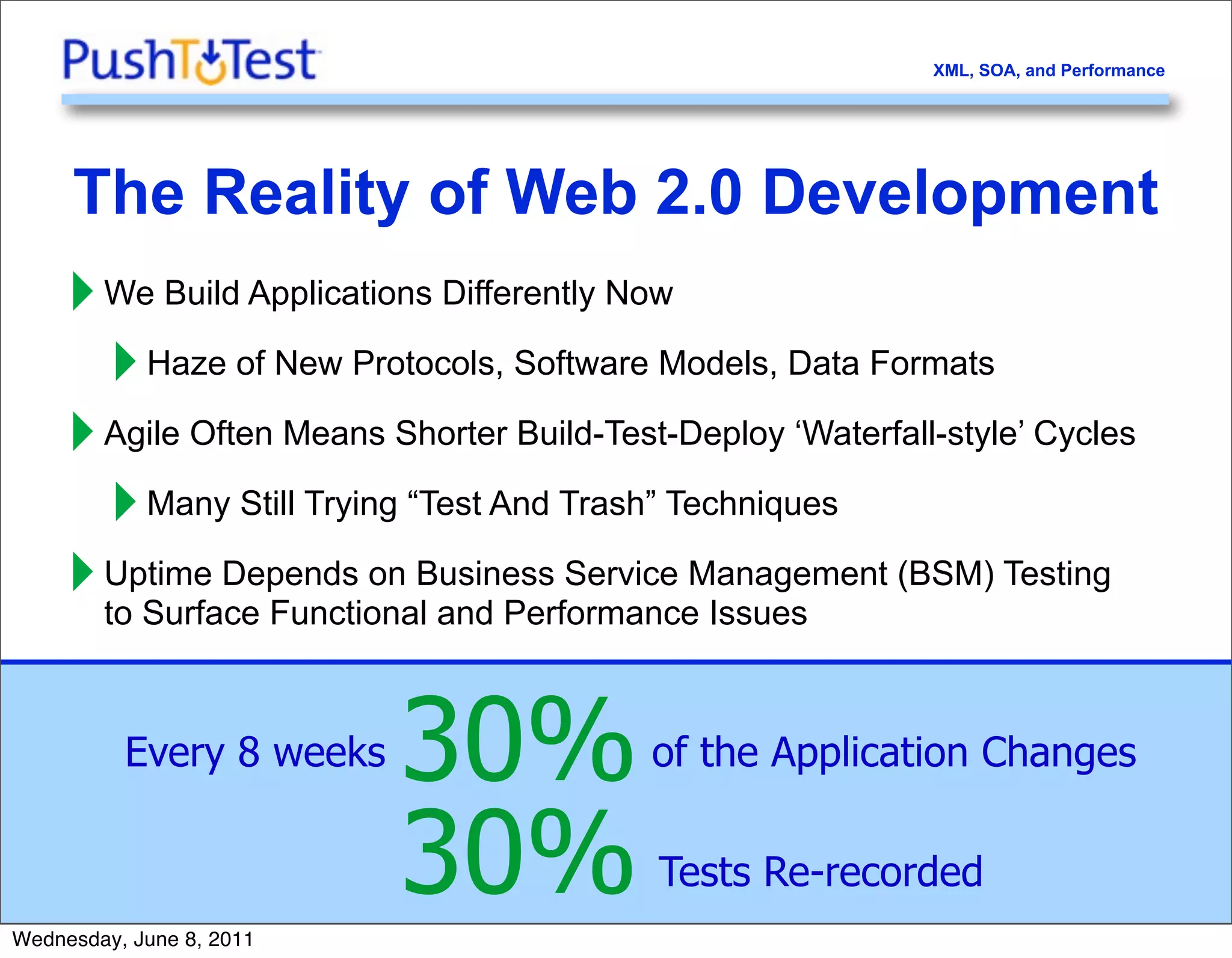 XML, SOA, and Performance




     The Reality of Web 2.0 Development
     ‣ We Build Applications Differently Now
       ‣ Haze of New Protocols, Software Models, Data Formats
     ‣ Agile Often Means Shorter Build-Test-Deploy ‘Waterfall-style’ Cycles
       ‣ Many Still Trying “Test And Trash” Techniques
     ‣ Uptime Depends on Business Service Management (BSM) Testing
       to Surface Functional and Performance Issues



          Every 8 weeks   30%              of the Application Changes

     5




Wednesday, June 8, 2011
                          30%              Tests Re-recorded
 