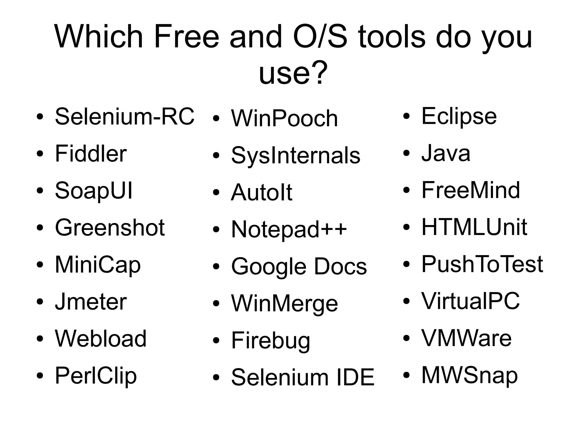 Which Free and O/S tools do you
use?
● Selenium-RC
● Fiddler
● SoapUI
● Greenshot
● MiniCap
● Jmeter
● Webload
● PerlClip
● Eclipse
● Java
● FreeMind
● HTMLUnit
● PushToTest
● VirtualPC
● VMWare
● MWSnap
● WinPooch
● SysInternals
● AutoIt
● Notepad++
● Google Docs
● WinMerge
● Firebug
● Selenium IDE
 