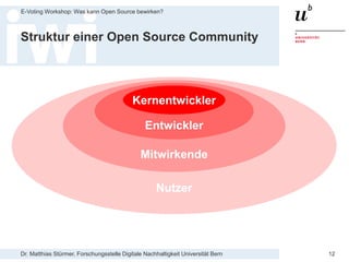 Dr. Matthias Stürmer, Forschungsstelle Digitale Nachhaltigkeit Universität Bern
E-Voting Workshop: Was kann Open Source bewirken?
12
Struktur einer Open Source Community
Nutzer
Mitwirkende
Entwickler
Kernentwickler
 