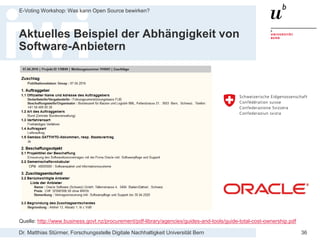 Dr. Matthias Stürmer, Forschungsstelle Digitale Nachhaltigkeit Universität Bern
E-Voting Workshop: Was kann Open Source bewirken?
36
Aktuelles Beispiel der Abhängigkeit von
Software-Anbietern
Quelle: http://www.business.govt.nz/procurement/pdf-library/agencies/guides-and-tools/guide-total-cost-ownership.pdf
 