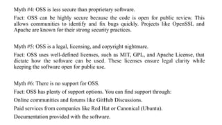 Myth #4: OSS is less secure than proprietary software.
Fact: OSS can be highly secure because the code is open for public review. This
allows communities to identify and fix bugs quickly. Projects like OpenSSL and
Apache are known for their strong security practices.
Myth #5: OSS is a legal, licensing, and copyright nightmare.
Fact: OSS uses well-defined licenses, such as MIT, GPL, and Apache License, that
dictate how the software can be used. These licenses ensure legal clarity while
keeping the software open for public use.
Myth #6: There is no support for OSS.
Fact: OSS has plenty of support options. You can find support through:
Online communities and forums like GitHub Discussions.
Paid services from companies like Red Hat or Canonical (Ubuntu).
Documentation provided with the software.
 