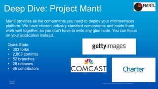 Deep Dive: Project Mantl
Quick Stats:
• 303 forks
• 2,803 commits
• 52 branches
• 26 releases
• 66 contributors
Mantl provides all the components you need to deploy your microservices
platform. We have chosen industry standard components and made them
work well together, so you don't have to write any glue code. You can focus
on your application instead.
 