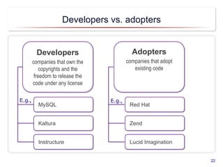 Developers vs. adopters
22
Developers
companies that own the
copyrights and the
freedom to release the
code under any license
Adopters
companies that adopt
existing code
MySQL
Kaltura
Instructure
Red Hat
Zend
Lucid Imagination
E.g., E.g.,
 