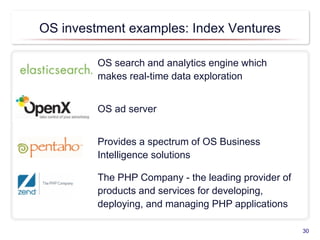 OS investment examples: Index Ventures
30
OS search and analytics engine which
makes real-time data exploration
OS ad server
Provides a spectrum of OS Business
Intelligence solutions
The PHP Company - the leading provider of
products and services for developing,
deploying, and managing PHP applications
 