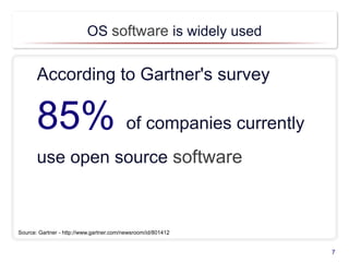 OS software is widely used
According to Gartner's survey
85% of companies currently
use open source software
7
Source: Gartner - http://www.gartner.com/newsroom/id/801412
 