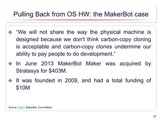 Pulling Back from OS HW: the MakerBot case
 “We will not share the way the physical machine is
designed because we don't ...