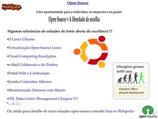 Open-Source

                  Uma oportunidade para o indivíduo, as empresas e os países

                          Open Source = A liberdade de escolha
Algumas referências de soluções de fonte aberta de excelência !!!

O Linux Ubuntu
●




Virtualização Open-Source Linux
●




Cloud-Computing Eucalyptus
●




e-Mail Colaborativo da Zimbra
●




Portal Wiki e Colaboração
●




Gestão Conteúdos Alfresco
●




Monitorização Sistemas com Munin
●




●ITIL Data-Center Management Cfengine V3
●
 ….(...)....

Ou ainda para detalhe de mais soluções open-source consulte lista na Wikipedia
 
