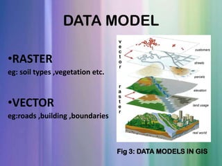 DATA MODEL
•RASTER
eg: soil types ,vegetation etc.
•VECTOR
eg:roads ,building ,boundaries
Fig 3: DATA MODELS IN GIS
 