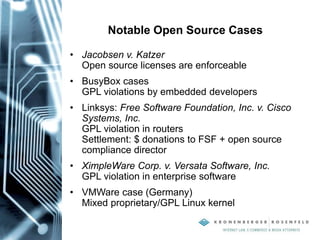 Notable Open Source Cases
• Jacobsen v. Katzer
Open source licenses are enforceable
• BusyBox cases
GPL violations by embedded developers
• Linksys: Free Software Foundation, Inc. v. Cisco
Systems, Inc.
GPL violation in routers
Settlement: $ donations to FSF + open source
compliance director
• XimpleWare Corp. v. Versata Software, Inc.
GPL violation in enterprise software
• VMWare case (Germany)
Mixed proprietary/GPL Linux kernel
 