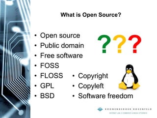 What is Open Source?
• Open source
• Public domain
• Free software
• FOSS
• FLOSS
• GPL
• BSD
???
• Copyright
• Copyleft
• Software freedom
 