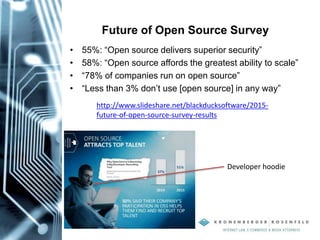 Future of Open Source Survey
• 55%: “Open source delivers superior security”
• 58%: “Open source affords the greatest ability to scale”
• “78% of companies run on open source”
• “Less than 3% don’t use [open source] in any way”
http://www.slideshare.net/blackducksoftware/2015-
future-of-open-source-survey-results
Developer hoodie
 