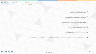 
‫العامة‬‫وسلو‬‫ا‬‫تبات‬‫مك‬
:
22
‫تبة‬‫مك‬
.

‫بالهند‬‫العامة‬‫دلهي‬‫تبة‬‫مك‬
:
1.416.609
‫مادة‬
.

‫جامعة‬‫تبة‬‫مك‬
NearEast
‫بقبرص‬
:
1.500.000
‫مادة‬
.

NortheastKansas
:
1.023.10
‫مادة‬
.

‫بالفلبين‬‫الوطنية‬‫تبة‬‫المك‬
:
1.678.950
‫مادة‬
.

PlanoIndependentSchoolDistrictLibraryMediaServices
:
1.300.000
،‫مادة‬
100.000
،‫إعارة‬
56.000
‫مستخدم‬
.
 