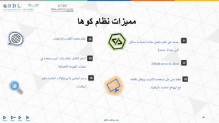 ‫والواجهات‬‫اللغات‬‫متعدد‬‫نظام‬
‫في‬‫يستخدم‬‫الذي‬‫مارك‬‫لنظام‬‫الكامل‬ ‫الدعم‬
‫افية‬‫ر‬‫اإلحت‬‫الفهرسة‬‫عمليات‬
Z39.50server&client
01
02
04
‫إعتمادية‬‫مجانية‬‫تشغيل‬‫نظم‬‫على‬‫يعتمد‬
‫بشكل‬
‫كبير‬
Linux-Unix
05
‫كوها‬ ‫نظام‬ ‫مميزات‬
‫بن‬‫الخاصة‬‫توكوالت‬‫و‬‫والبر‬‫المعايير‬ ‫يدعم‬
‫ظم‬
‫تبات‬‫المك‬
03
‫ويمكن‬‫نت‬‫ر‬‫اإلنت‬‫إستخدام‬‫على‬‫مبني‬‫نظام‬
‫تكامله‬
‫تبة‬‫بالمك‬‫الخاصة‬‫المواقع‬‫مع‬
06
 