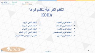 •
‫ألنظام‬
‫ألفرعي‬
‫للفهرسة‬
•
‫ألنظام‬
‫ألفرعي‬
‫للستناد‬
•
‫ألنظام‬
‫ألفرعي‬
‫عارة‬‫لل‬
•
‫ألنظام‬
‫ألفرعي‬
‫للمستخدمين‬
•
‫ألنظام‬
‫ألفرعي‬
‫ير‬‫ر‬‫للتقا‬
‫كوها‬ ‫لنظام‬ ‫الفرعية‬ ‫النظم‬
KOHA
•
‫يد‬‫و‬‫للتز‬‫ألفرعي‬‫ألنظام‬
•
‫يات‬‫ر‬‫للدو‬‫ألفرعي‬‫ألنظام‬
•
‫ألنظام‬
‫ألفرعي‬
‫دوأت‬‫لل‬
•
‫ألنظام‬ ‫دأرة‬‫ل‬‫ألفرعي‬‫ألنظام‬
•
‫ألمباشر‬‫ألخط‬‫على‬ ‫ألمتاح‬ ‫ألفهرس‬
 