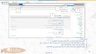 ‫الشاشة‬ ‫توضح‬
:
.1
‫المطلوب‬ ‫البحث‬ ‫مدخل‬ ‫كتابة‬ ‫خالل‬ ‫من‬ ‫البسيط‬ ‫البحث‬ ‫بعملية‬ ‫القيام‬
.
.2
‫موضوع‬ ‫أو‬ ‫مؤلف‬ ‫أو‬ ‫عنوان‬ ‫كان‬ ‫سواء‬ ‫البحث‬ ‫مدخل‬ ‫نوع‬ ‫المنسدلة‬ ‫القائمة‬ ‫من‬ ‫اختيار‬
...
‫إلخ‬
.
.3
‫كلمة‬ ‫على‬ ‫الضغط‬
"
‫بحث‬
"
‫اذهب‬ ‫كلمة‬ ‫كتابة‬ ‫بعد‬
.
.4
‫البحث‬ ‫كلمة‬ ‫على‬ ‫تحتوي‬ ‫التي‬ ‫األوعية‬ ‫تتضمن‬ ‫صفحات‬ ‫شكل‬ ‫في‬ ‫النتائج‬ ‫تظهر‬
.
3
1
2
4
 