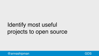 Identify most useful
projects to open source
@annashipman GDS
 