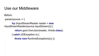 Use our Middleware
Before:
.parser(source -> {
try (InputStreamReader reader = new
InputStreamReader(source.inputStream())) {
return gson.fromJson(reader, Article.class);
} catch (IOException e) {
throw new RuntimeException(e);} })
 