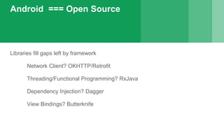 Android === Open Source
Libraries fill gaps left by framework
Network Client? OKHTTP/Retrofit
Threading/Functional Programming? RxJava
Dependency Injection? Dagger
View Bindings? Butterknife
 