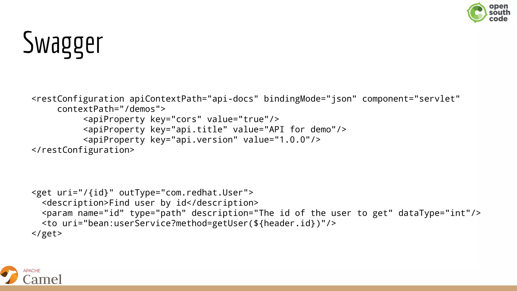 Swagger
<restConfiguration apiContextPath="api-docs" bindingMode="json" component="servlet"
contextPath="/demos">
<apiProperty key="cors" value="true"/>
<apiProperty key="api.title" value="API for demo"/>
<apiProperty key="api.version" value="1.0.0"/>
</restConfiguration>
<get uri="/{id}" outType="com.redhat.User">
<description>Find user by id</description>
<param name="id" type="path" description="The id of the user to get" dataType="int"/>
<to uri="bean:userService?method=getUser(${header.id})"/>
</get>
 